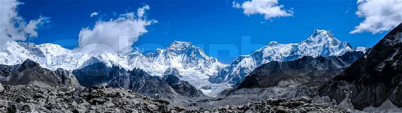 Beautiful snow-capped mountains against the blue sky. Himalaya, Nepal, stock photo