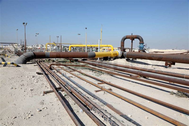 Oil and gas pipeline in the desert of Bahrain, Middle East, stock photo