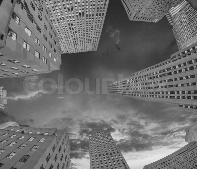 Black and White Skyline of Manhattan with office buildings skyscrapers, U.S.A, stock photo