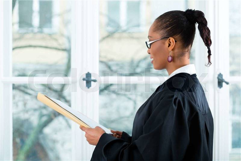 Young female lawyer working in her office with a file or dossier, stock photo