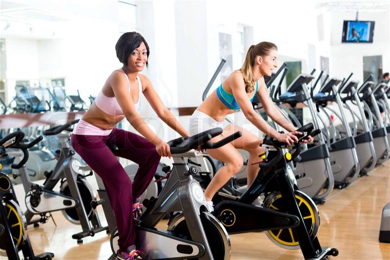 Young People - women Spinning in the gym on fitness bicycles, stock photo
