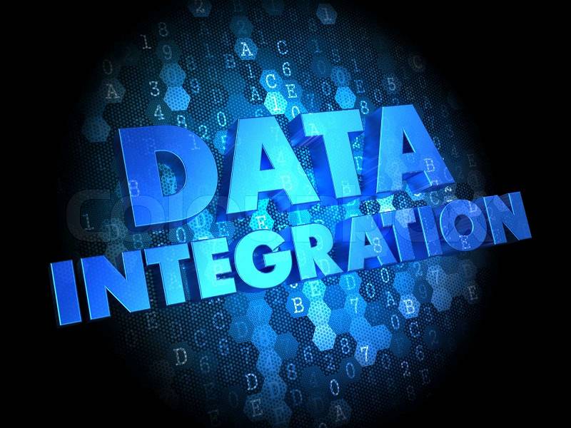 Data Integration - Blue Color Text on Dark Digital Background, stock photo