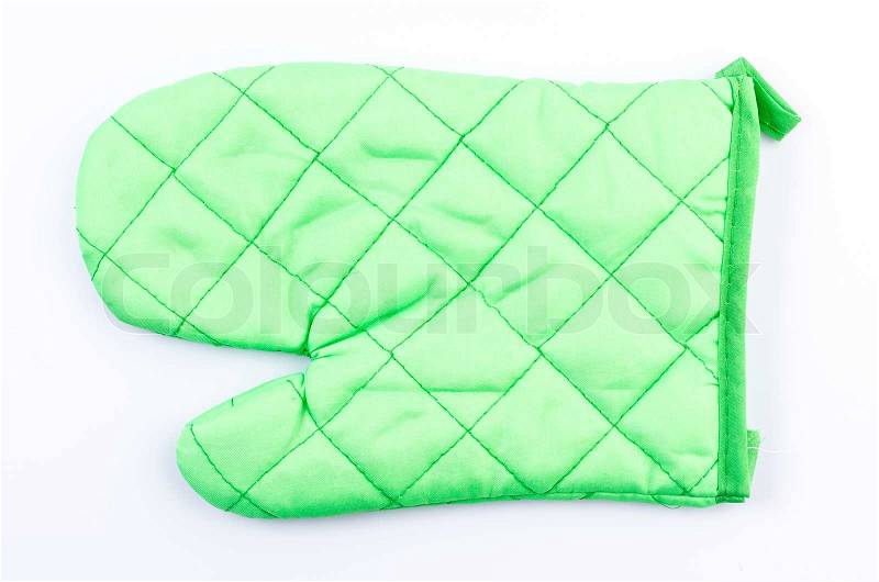 Green oven glove on isolated white background, stock photo