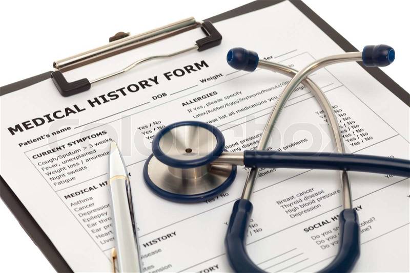 Medical history form on clipboard with stethoscope, stock photo