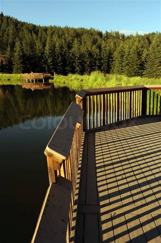Scenic Lake Wood Deck - Viewpoint Wood Deck. Colorado Landscape, stock photo