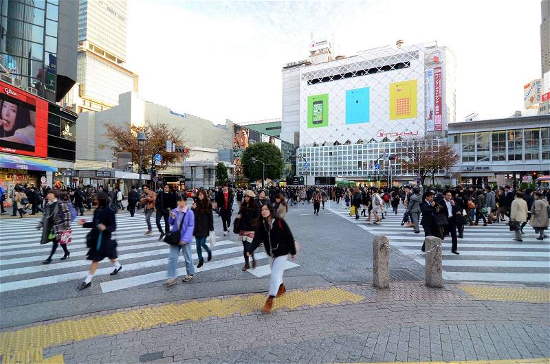 TOKYO - NOVEMBER 28: Pedestrians at the famed crossing of Shibuya district November 28, 2013 in Tokyo, Japan. Shibuya is a fashion center and nightlife area. , stock photo