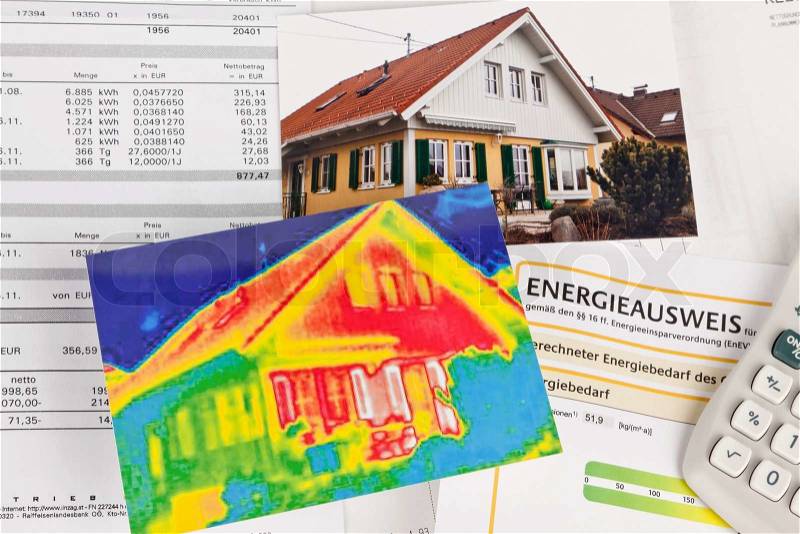 Save energy. house with thermal imaging camera photographed, stock photo