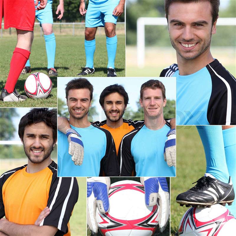 Collage of young men football players, stock photo