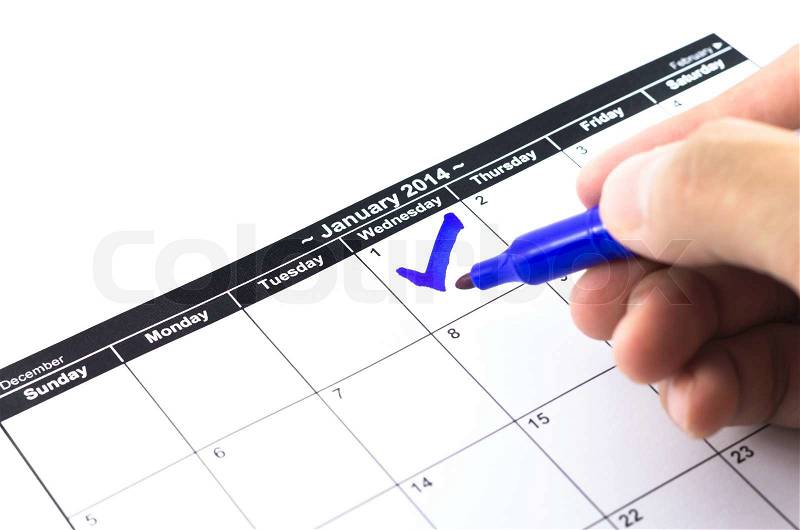 Blue check. Mark on the calendar at 1St January 2014, stock photo