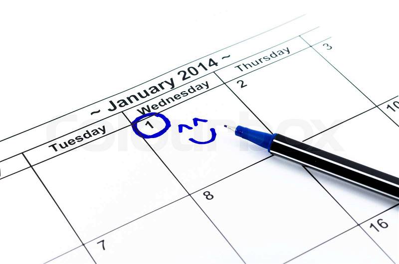 Blue circle with smile. Mark on the calendar at 1St January 2014, stock photo