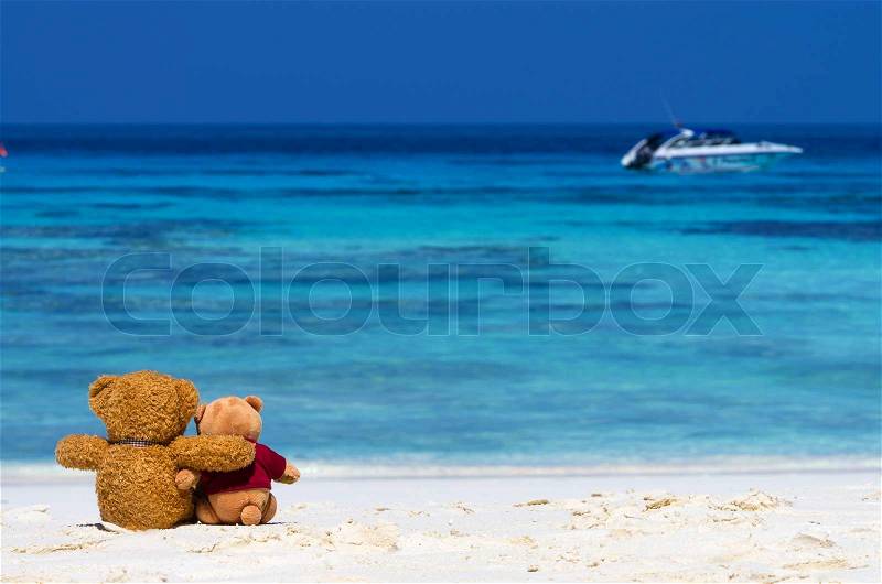 Two TEDDY BEAR brown color sitting on the beautiful beach with blue sea and sky, stock photo