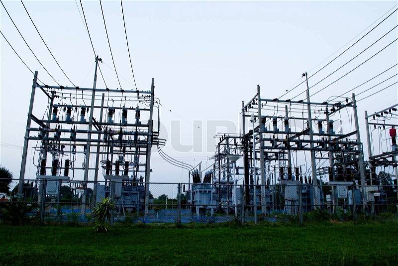 Dangerous of High voltage transformers in the city, stock photo