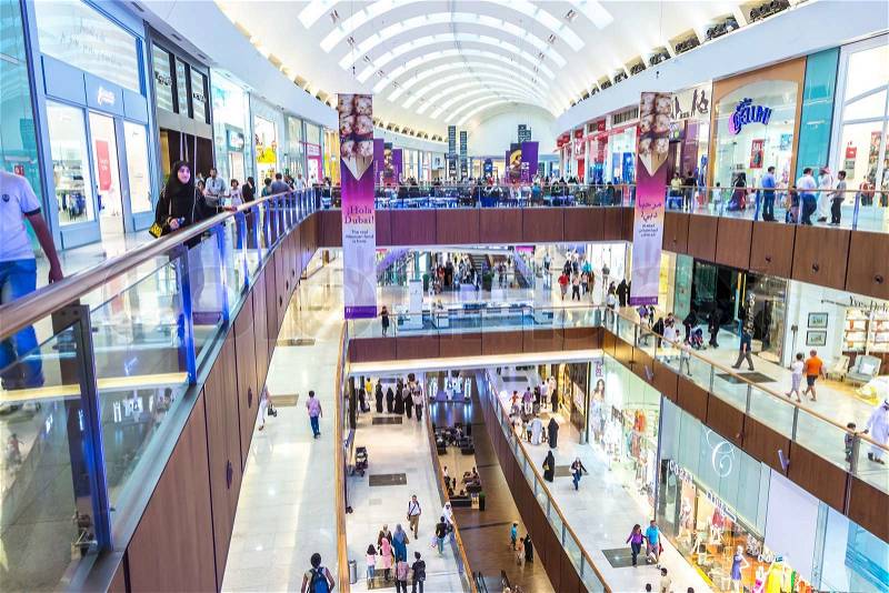 DUBAI, UAE - OCTOBER 1: Waterfall in Dubai Mall - world\'s largest shopping mall based on total area and sixth largest by gross leasable area, October 1, 2012 in Dubai, United Arab Emirates, stock photo