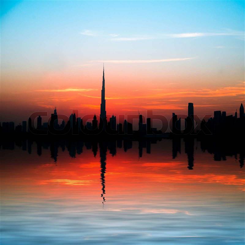 Dubai, United Arab Emirates. city and reflection in the rays of the setting sun, stock photo