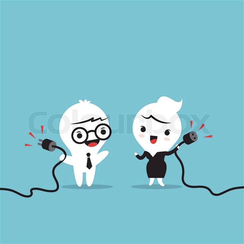 Business People character holding Power Cable. Male and Female plug, vector