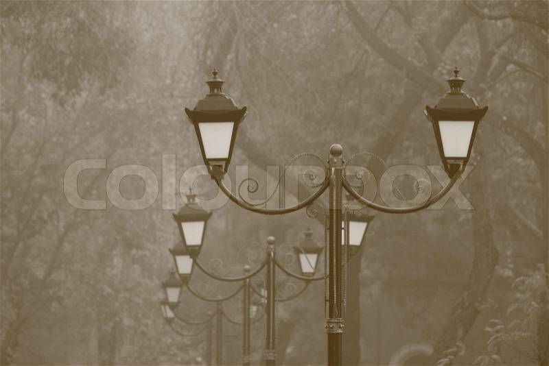 Row of street lamps in park at fall, stock photo