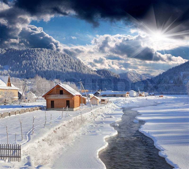Frosty morning in the mountain village, stock photo