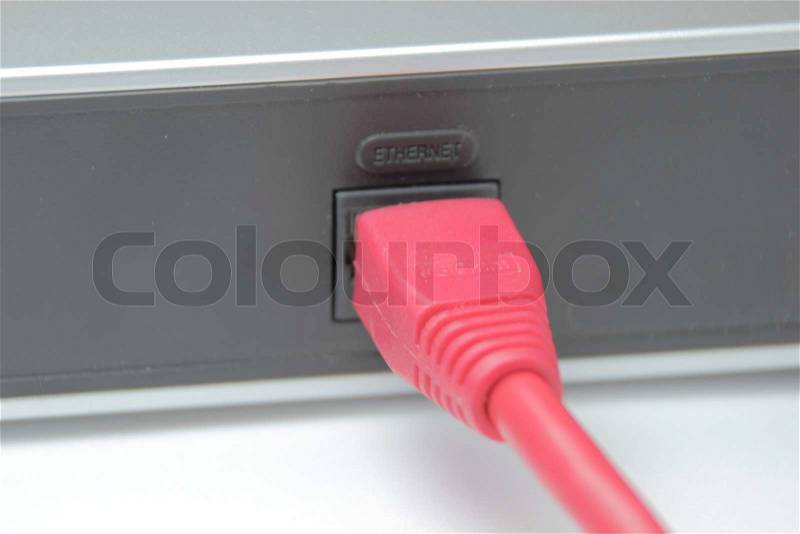 Red web cable connected to internet port on router, stock photo