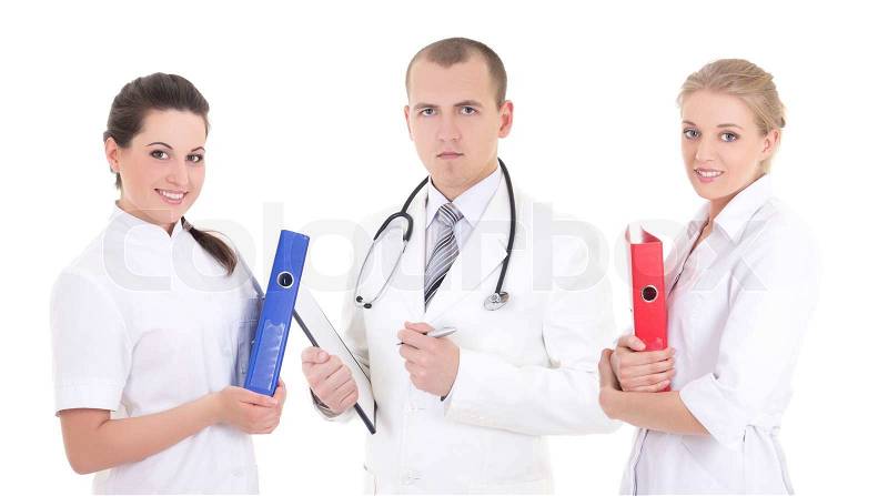 Three young doctors in white coats isolated over white | Stock