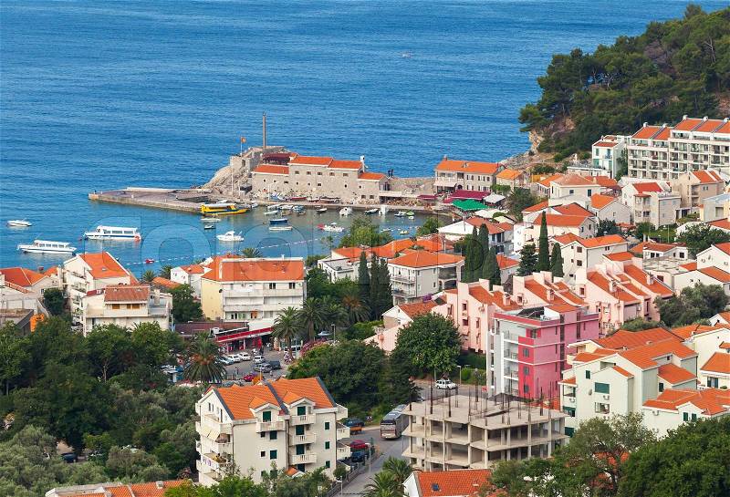 Petrovac town summer landscape. Adriatic sea, Montenegro, stock photo