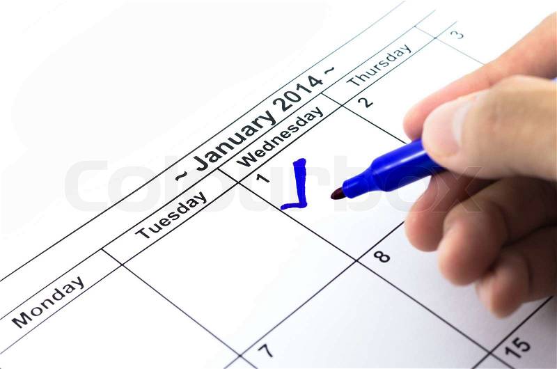 Blue check. Mark on the calendar at 1St January 2014, stock photo