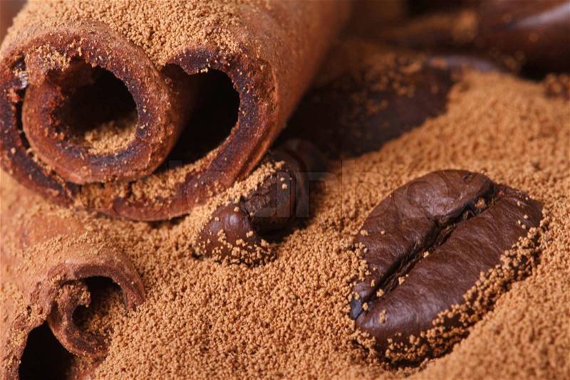 Cinnamon and coffee beans and ground closeup. macro. texture , stock photo