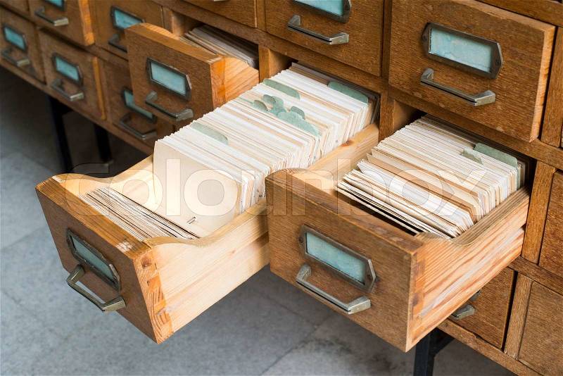 Old archive with wooden drawers, stock photo