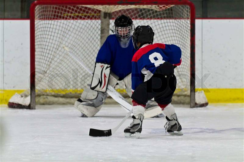 Young ice hockey player prepares to shoot on net, stock photo