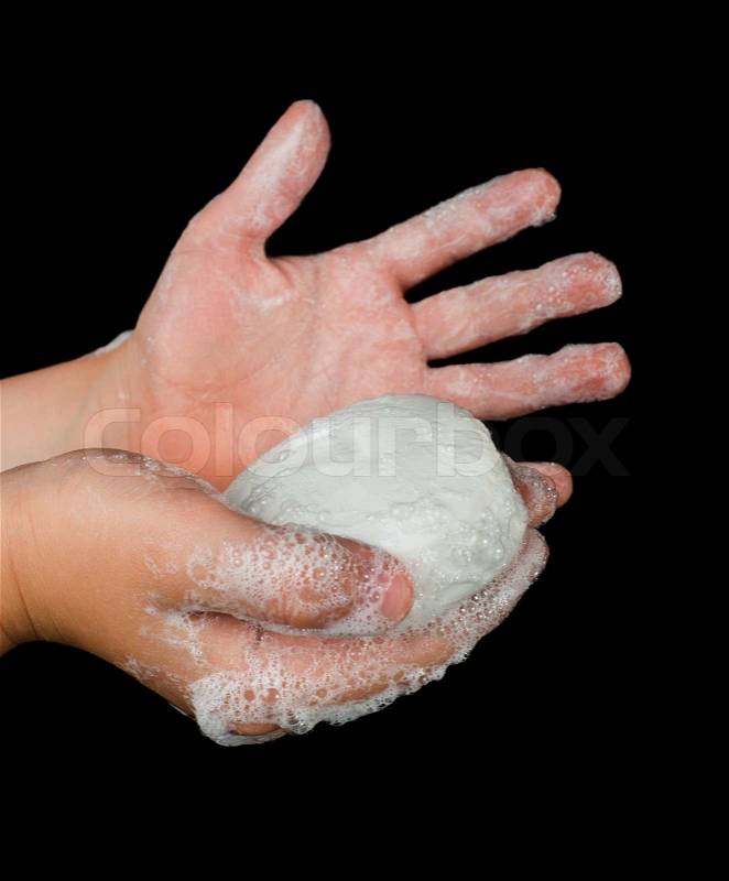 Isolated lathered hands and soap, stock photo