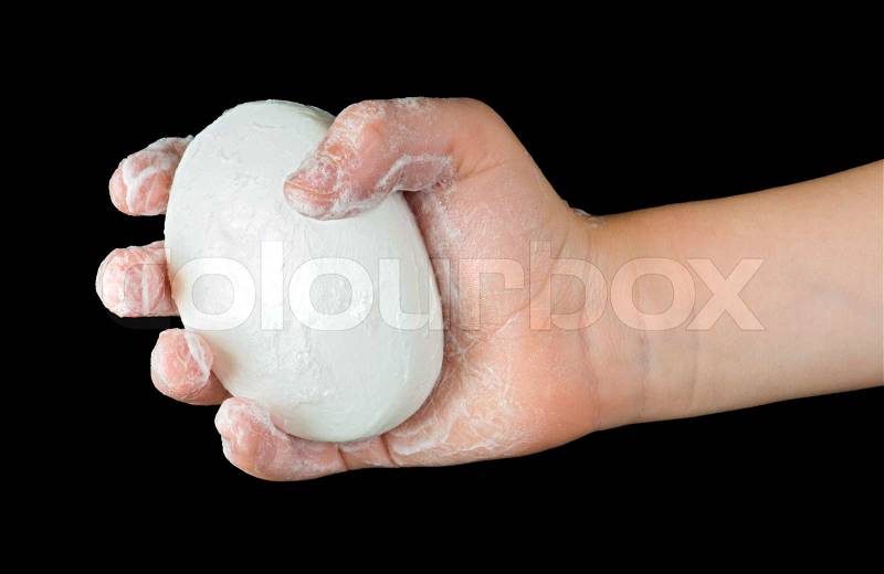Isolated lathered hands and soap, stock photo