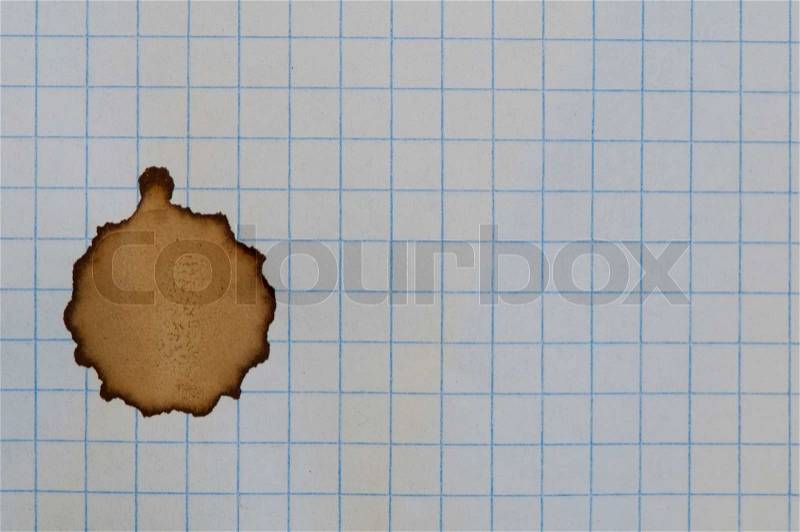 Checkered sheet of paper from a notebook and coffee stain, stock photo