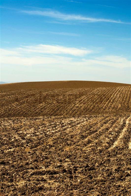 Agricultural land soil and blue sky , stock photo