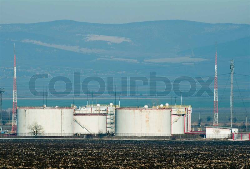 Storage tanks of petroleum products. Oil and chemical refinery, stock photo