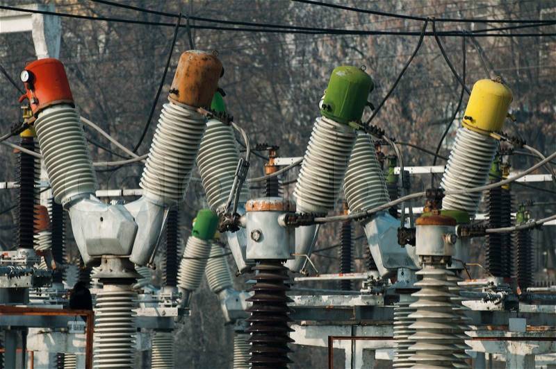High-voltage wires and transformers. Electrical distribution station, stock photo