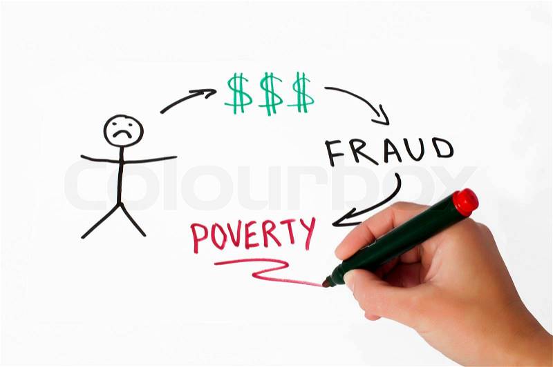 Money fraud conception illustration over white. Hand that writes, stock photo