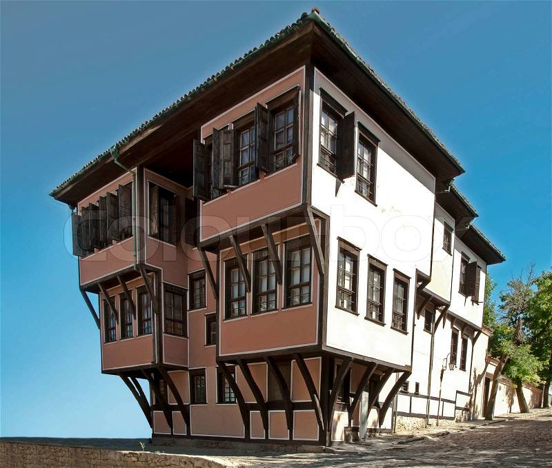 Old stile house on blue sky background. Traditional bulgarias old time house. Plovdiv city, stock photo