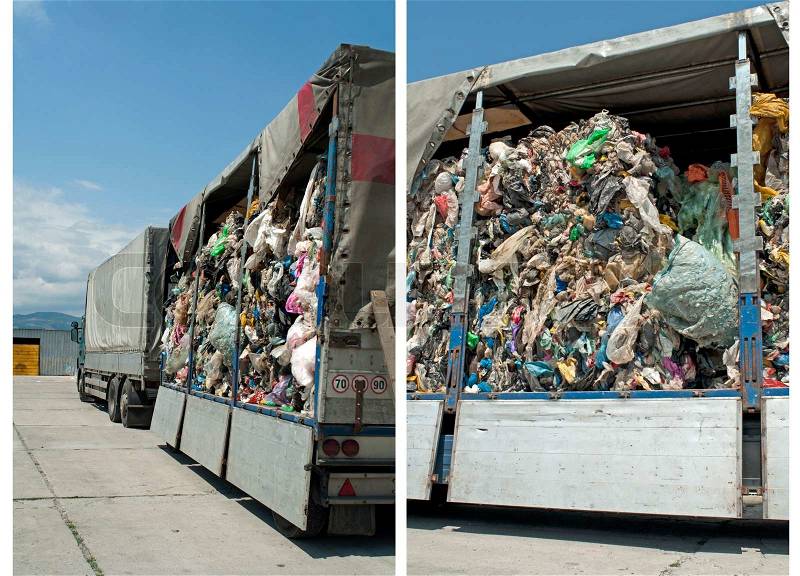 Truck charged with Recycling waste. Two images, stock photo