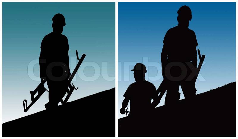 Construction workers work on building site, stock photo