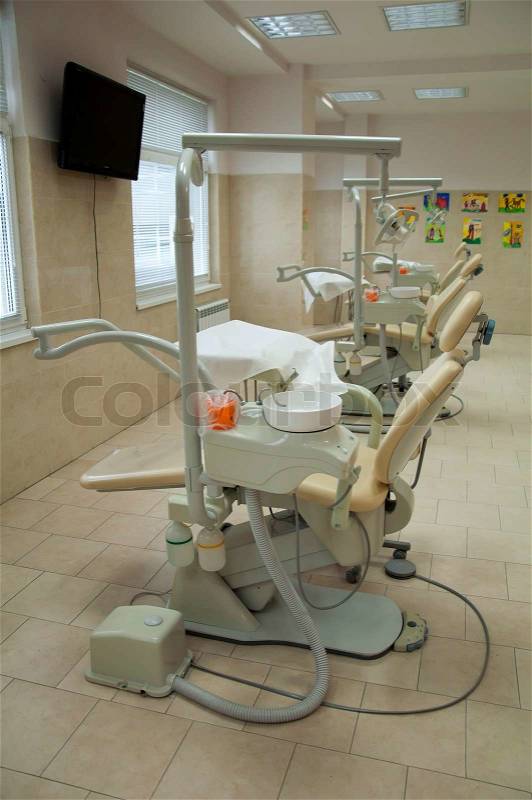 Dental office and equipment. Student hall for practical training, stock photo