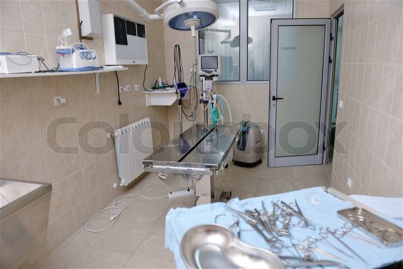 Animal and pet surgery hospital room indoor with tools and instruments, stock photo