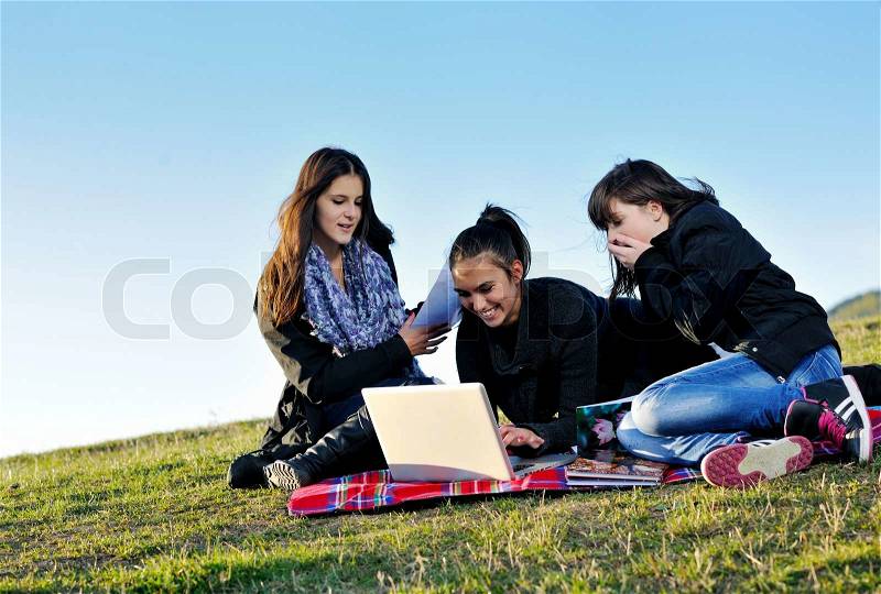 Group of teen girl woman outdoor have fun and study homework on laptop computer, stock photo