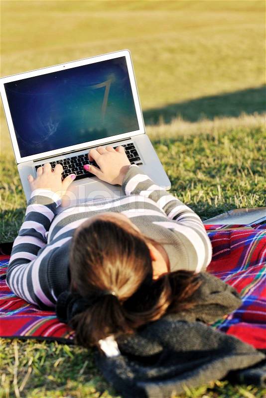 Young teen woman work on laptop computer outdoor in nature with blue sky and green grass in background, stock photo