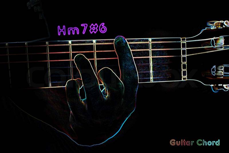 Guitar chord on a dark background, stylized illustration of an X-ray. Hm7#6 chord, stock photo
