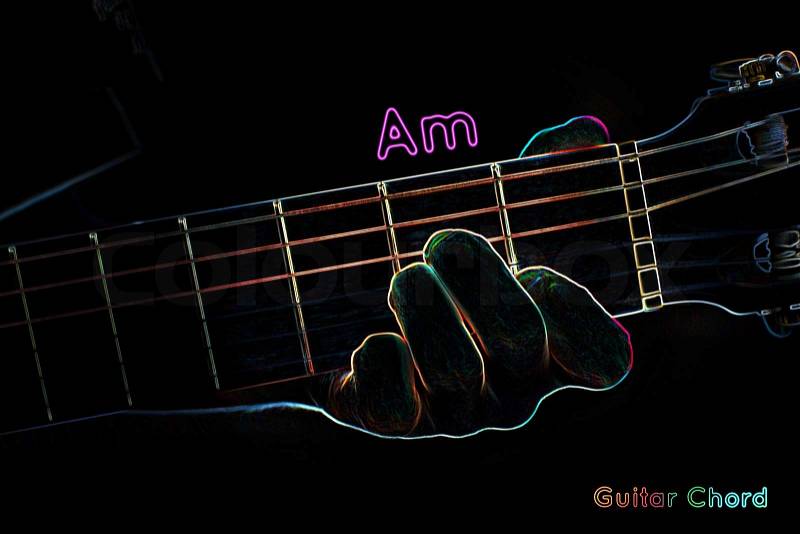Guitar chord on a dark background, stylized illustration of an X-ray. Am chord, stock photo