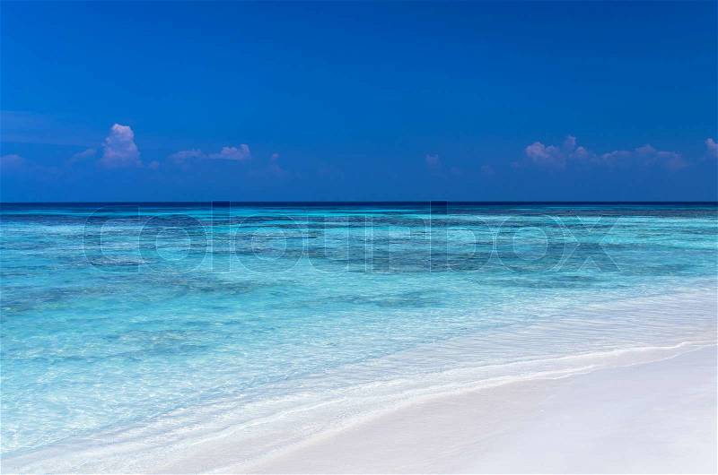 White sea beach with blue sea and sky, beautiful nature, sea beach background, stock photo