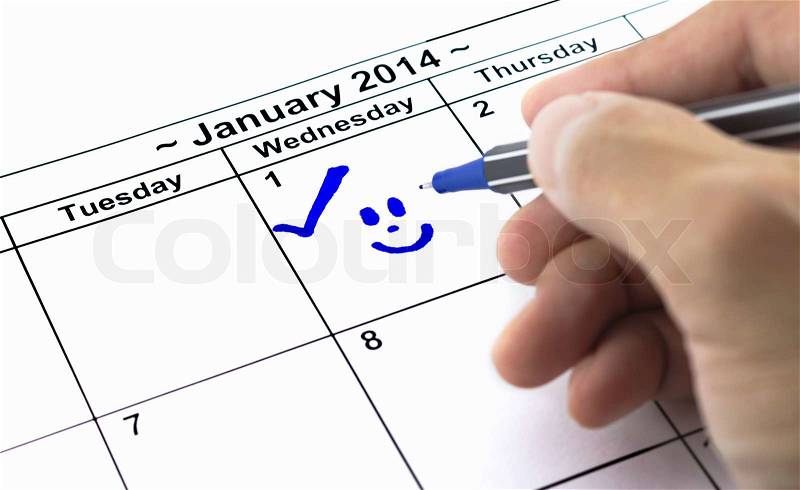 Blue check with smile. Mark on the calendar at 1St January 2014, stock photo