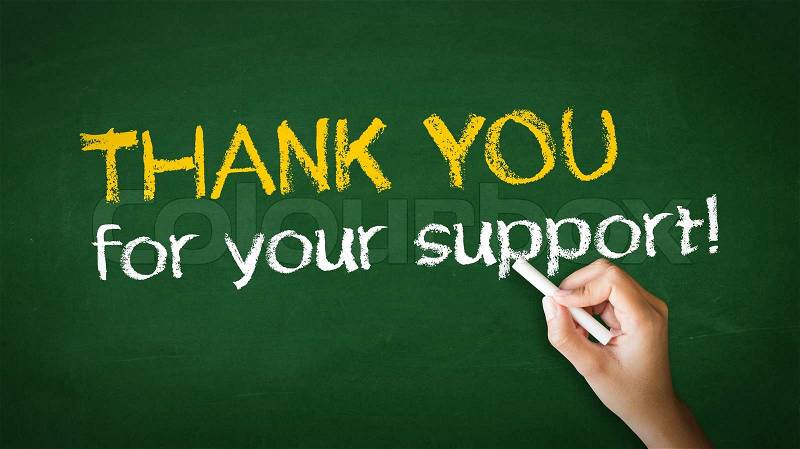 A person drawing and pointing at a Thank you for your support Chalk Illustration, stock photo