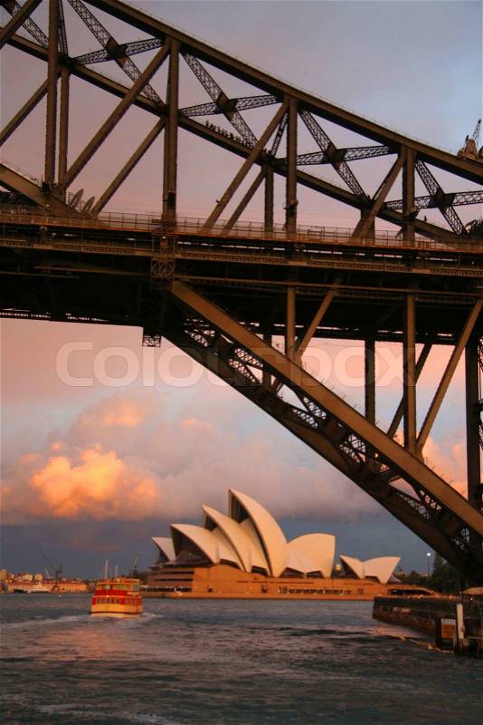 Bridge with Opera house in the background, Sydney Opera House, Sydney Harbour Bridge, Sydney, New South Wales, Australia, stock photo