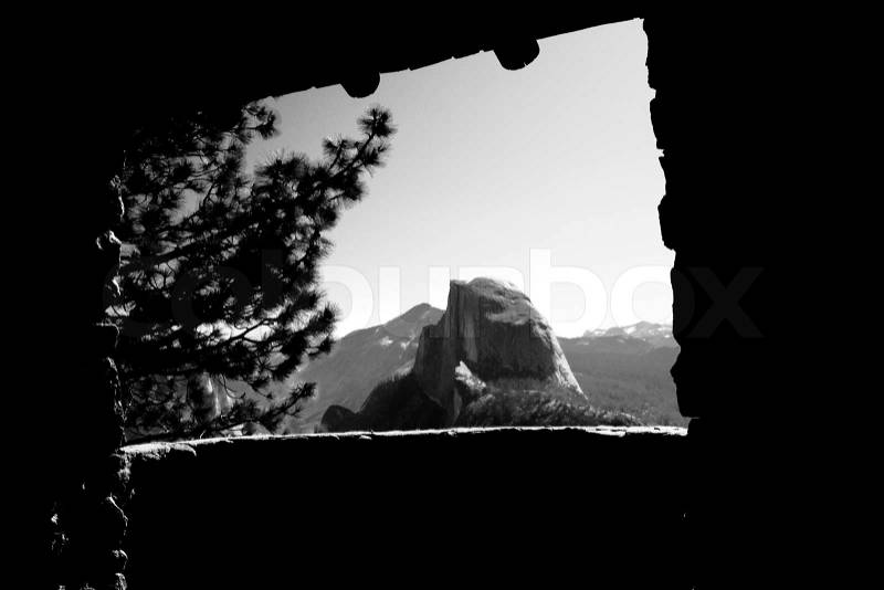 Mountain range viewed through from an observation point, Glacier Point, Yosemite Valley, Yosemite National Park, California, USA, stock photo