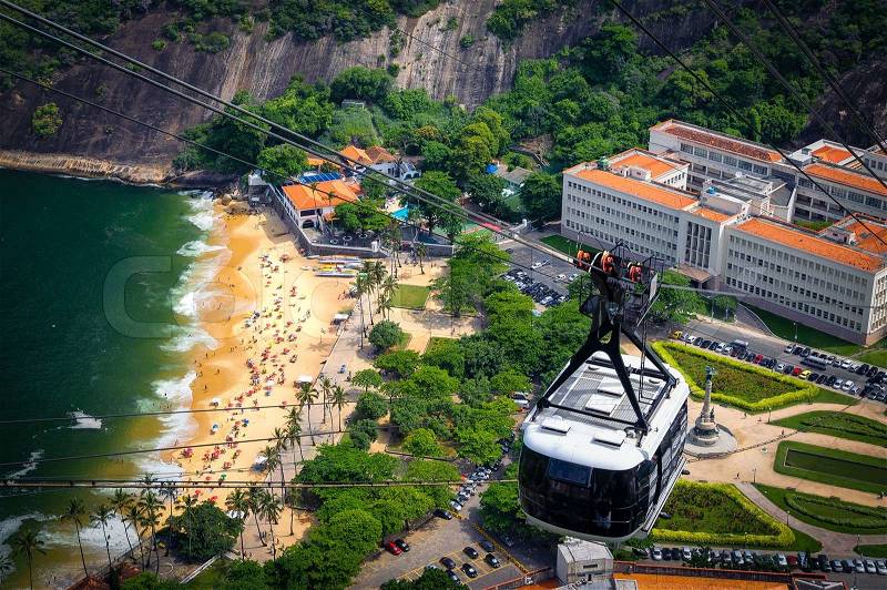 Overhead cable car over Sugarloaf Mountain, Rio De Janeiro, Brazil, stock photo